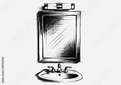 Sketch of a bathroom sink and mirror with a light fixture above