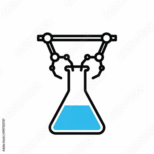 Flask icon with blue liquid and black molecular mechanism lines, illustrating science experiments and lab automation