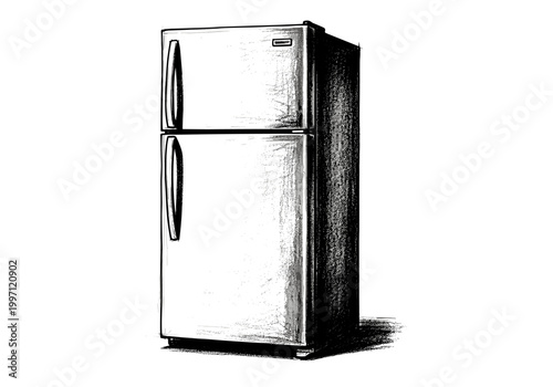 Sketch of a modern stainless steel refrigerator with freezer on top