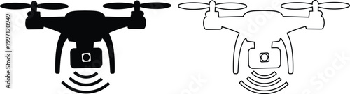 Drone icon set collection group, quadcopter UAV silhouette outline vector pack, aerial camera technology flying device symbol, flat and line style black icons isolated on transparent background