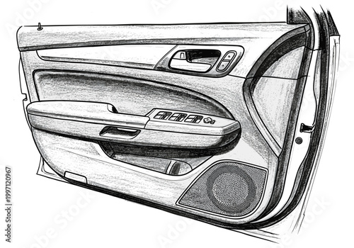 Detailed sketch of a modern car's interior door panel with controls and speaker