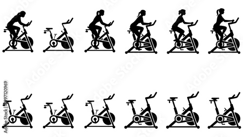 A series of black silhouette illustrations of a person exercising on a stationary bike in various positions