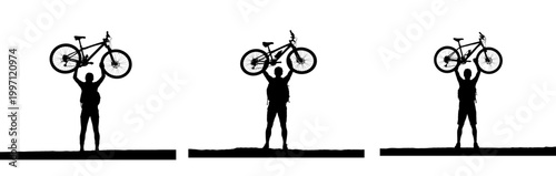 Cyclist Lifting Bicycle Overhead Silhouette Set Strength and Victory Concept