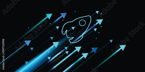 Futuristic rocket launch with upward arrows on black background, neon blue startup growth and innovation concept, business success banner template