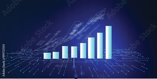 Futuristic blue digital finance background with rising bar chart and particle arrow over circuit network, business analytics growth report banner