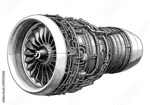 Detailed illustration of a powerful jet engine with intricate piping and fan blades