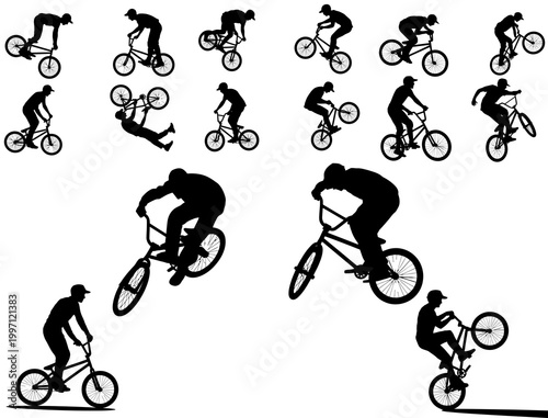 A set of silhouettes showing various bicycle tricks and stunts