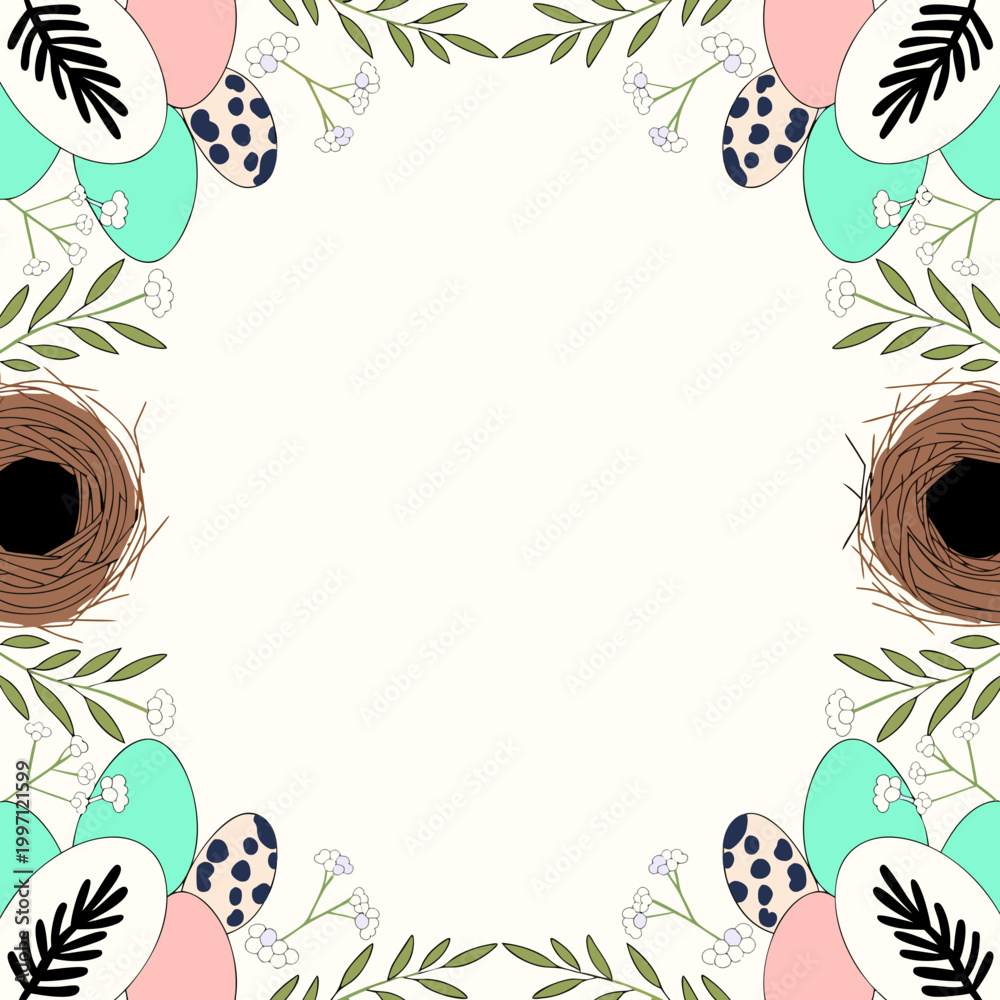 Obraz premium Easter Frame Border with Pastel Eggs and Spring Foliage Vector.