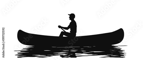 Man Paddling Canoe Silhouette on Calm Water. Minimalist Black and White Vector Illustration with Reflection, Outdoor Adventure and Tranquil Nature Concept