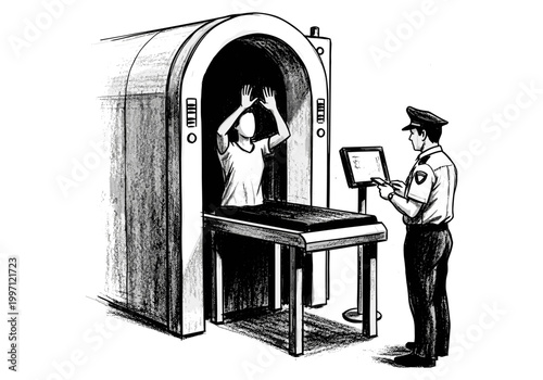 Security officer monitors person undergoing airport body scanner inspection