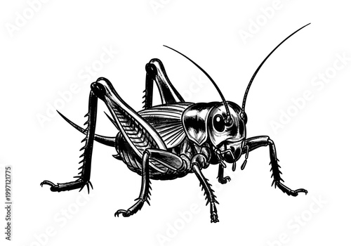 Detailed black and white illustration of a grasshopper on a white background