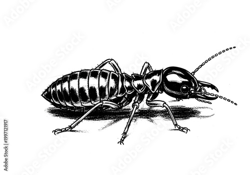 Detailed black and white illustration of a termite soldier with large mandibles