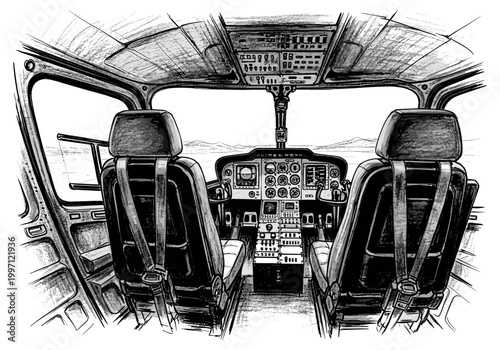 Inside view of a helicopter cockpit with dual seats and instrument panel