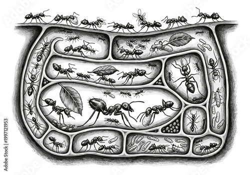 Detailed illustration of an ant colony's intricate underground tunnel system and its inhabitants