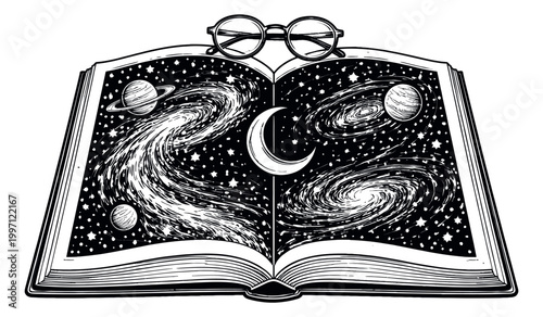 Hand drawn line art illustration of an open book with glasses depicting a universe of galaxies and planets for themes of knowledge and imagination