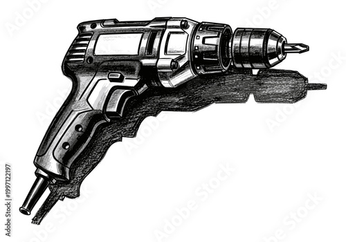 Detailed illustration of a cordless power drill with a bit attached, casting a shadow