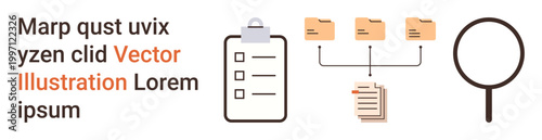 Data analysis, file management, document organization, office workflow, research, business processes. Clipboard with checklist, files connected documents and magnifying glass. Data analysis