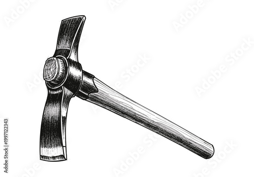 Illustration of a pickaxe with a wooden handle on a white background