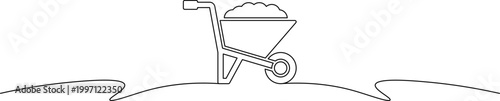 A simple line drawing of a wheelbarrow filled with soil on a plain background