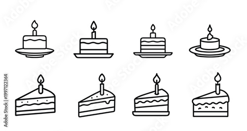 Birthday cake line icons set burning candle celebration party dessert bakery sweet food pastry cream muffin tasty & more vector illustration with editable stroke.