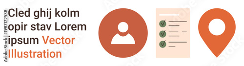 Navigation, organization, management, communication, data analysis, task tracking. Icons of a profile, checklist and location pin. Navigation and organization concept