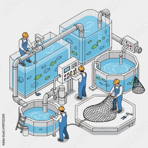 Workers managing fish farm tanks with nets and machinery.