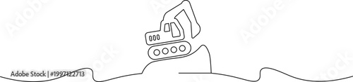 A simple line drawing of an excavator digging into a hill