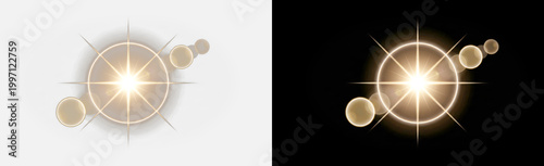 Golden lens flare starburst isolated on transparent background, warm gold glow with diagonal bokeh orbs chain, cinematic sun light luxury effect overlay PNG