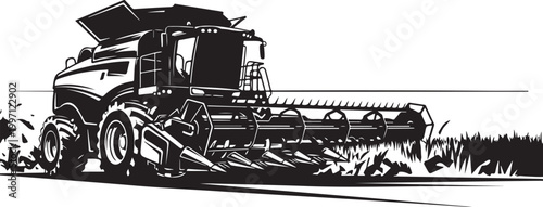 Black and white combine harvester, agricultural tractor, farming equipment, monochrome illustration