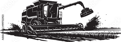 Combine Harvester, Agricultural Tractor, Farm Equipment, Black and White Illustration, Vector Graphic