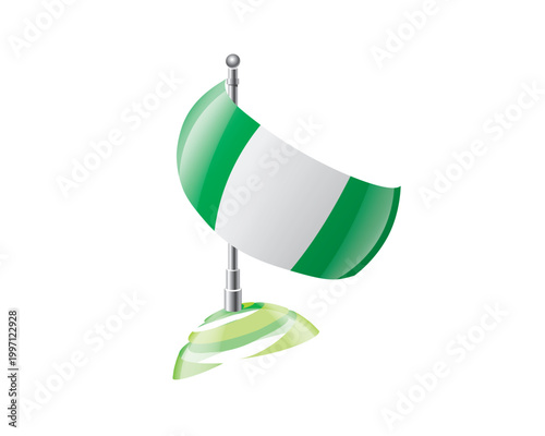 Highly detailed of waving Nigerian flag with metallic pole and subtle shadow effects for print