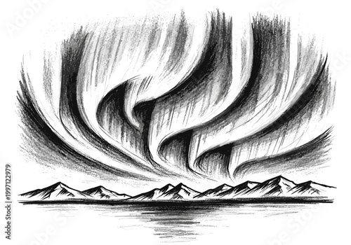 Dramatic black and white aurora borealis over a mountain range and water