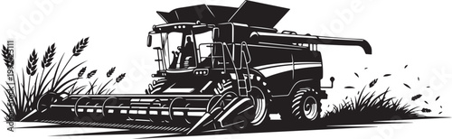 Black and white combine harvester vector, agricultural machinery illustration, farming equipment icon, rural landscape silhouette