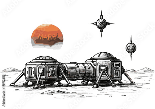 Futuristic Mars colony habitat with landing modules and probes on the red planet