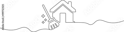 A simple line drawing of a house with a broom sweeping away from it