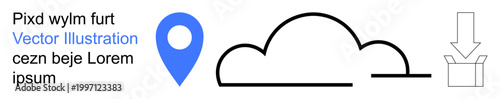Data sharing, cloud service, geo-location, file accessibility, information transfer, digital storage. A cloud outline, location marker and download arrow box. Cloud service and file accessibility