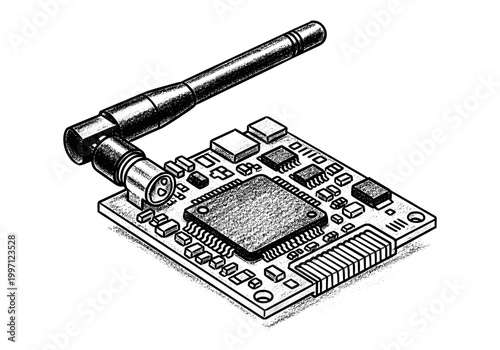 Close-up isometric view of a compact electronic circuit board with an antenna