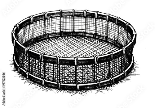 Round wire mesh enclosure with metal frame for containment or aquaculture