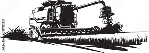 Combine Harvester, Agricultural Machinery, Farm Equipment, Black Vector Illustration