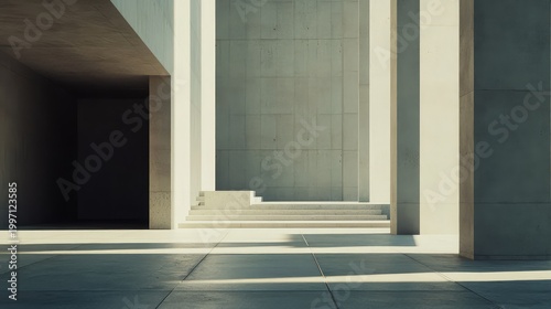 Concrete building featuring a minimalist and monumental design, creating a dramatic interplay of light and shadow across its facade and geometric structures