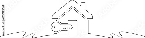 A simple line drawing of a house with a key in the door symbolizing home ownership