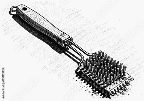Grill brush with wooden handle and metal bristles for cleaning barbecue grates
