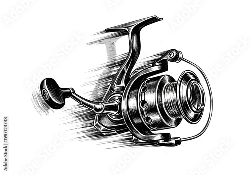 Detailed sketch of a fishing reel showcasing intricate design and craftsmanship