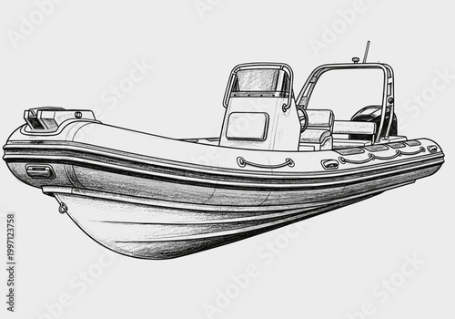 Detailed sketch of a rigid inflatable boat with a hard hull and inflatable tubes