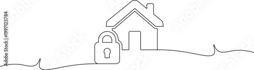 A simple line drawing of a house with a padlock in front of it