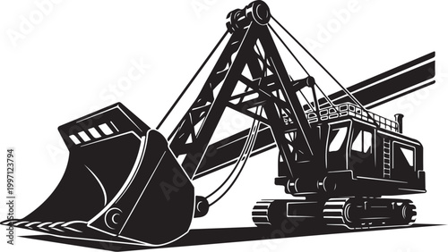 Heavy duty excavator, construction equipment, industrial machine, black and white vector