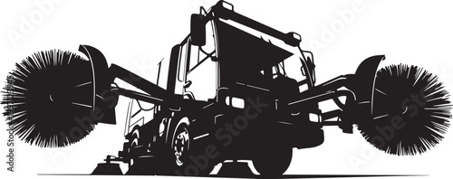 Sweeping truck, street sweeper, road cleaning vehicle, black silhouette