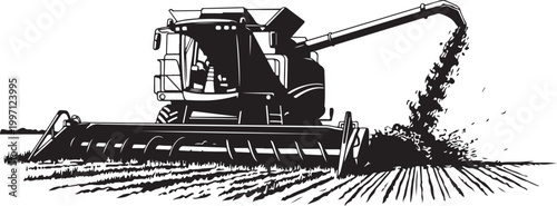 Harvester, agricultural machinery, farming equipment, black and white vector