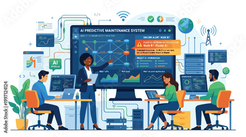 AI Predictive Maintenance System Network Monitoring Team Diverse Workers Analyzing Telecom Infrastructure Data Visualization