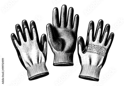 Three different textured work gloves displayed in a vintage illustration style
